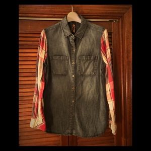 SEVEN 7 Denim Shirt with Plaid Long Sleeves